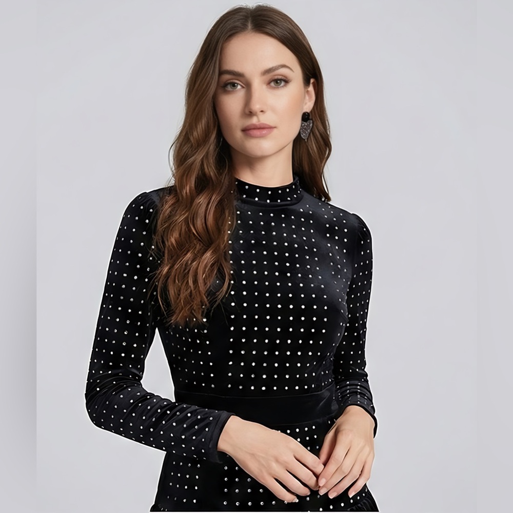Velvet And Rhinestone Ruffle Hem Mini Dress Black - Picture 2 of 9